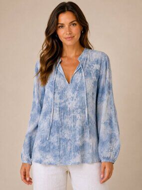 Pure Jill Embroidered Boho Tunic Top Blue Tie Dye Coastal Grandma Cottagecore Va